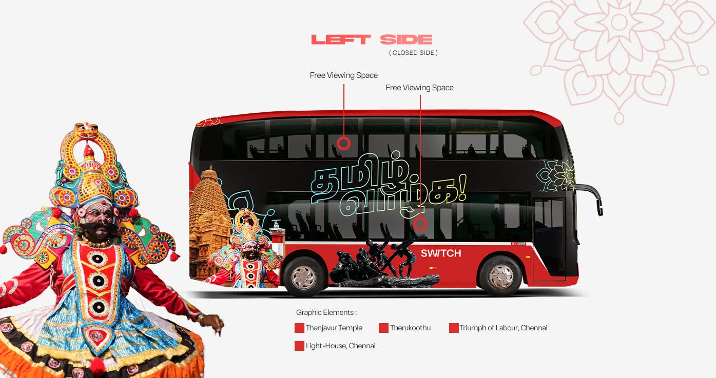 The bus wrap balances bold graphics, modern typography, and thoughtfully curated cultural elements, ensuring high visibility and strong visual impact while maintaining clarity across the vehicle’s unique double-decker form. Every design element was strategically placed to complement the vehicle’s architecture, resulting in a seamless and dynamic composition from every viewing angle.